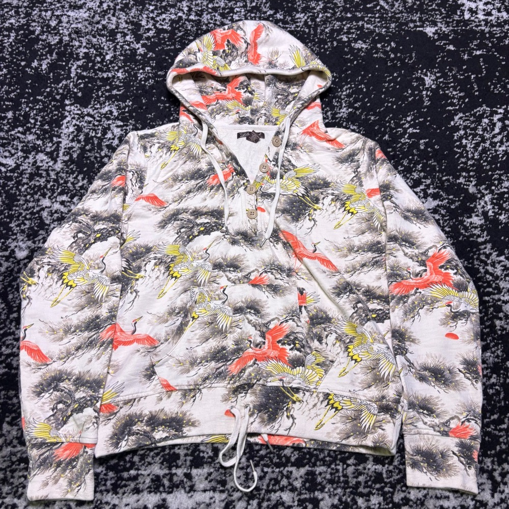 Lucky Brand Y2K Crane Print Henley Hoodie XL Cotton Cream Red Asian Art Graphic